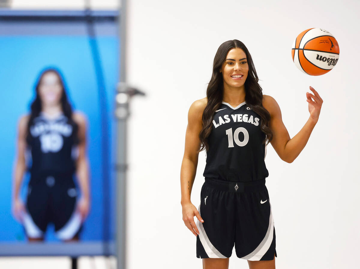 Las Vegas Aces guard Kelsey Plum (10) poses for a photo during team's media day, on Friday, May ...