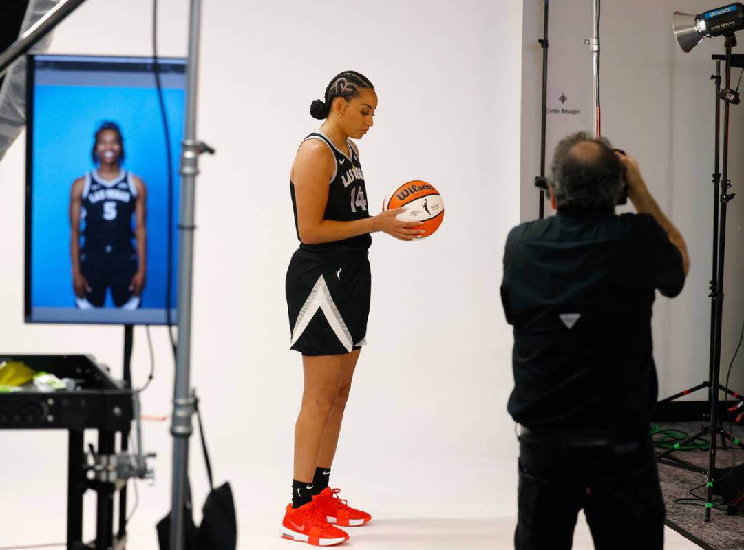 Las Vegas Aces guard Bria Hartley (14) poses for a photo during Aces media day, on Friday, May ...