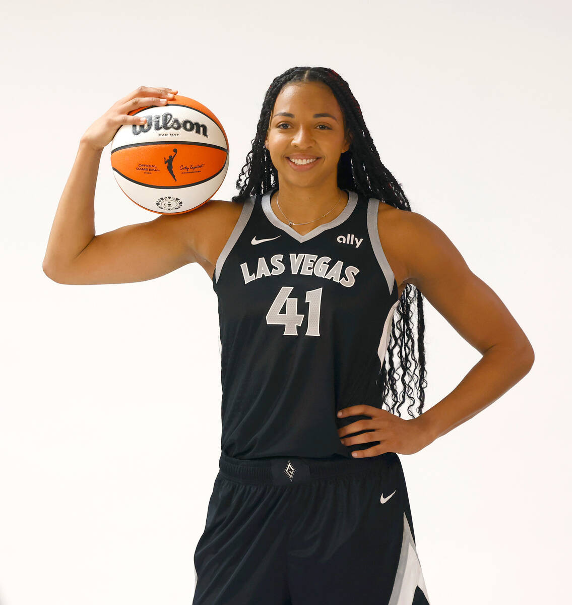 Las Vegas Aces center Kiah Stokes (41) poses for a photo during Aces media day, on Friday, May ...