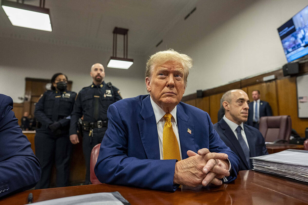 Former President Donald Trump sits inside Manhattan Criminal Court, Thursday, May 2 2024. (Mark ...