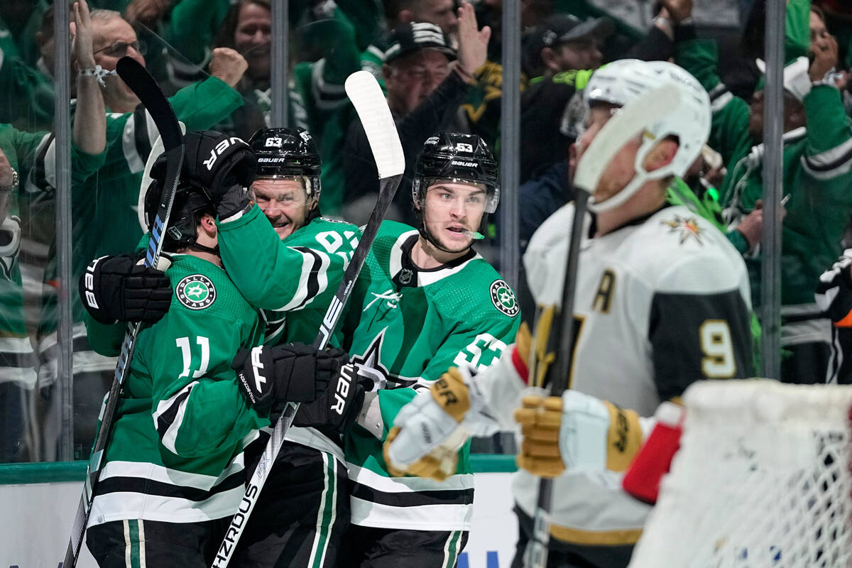 Dallas Stars' Logan Stankoven (11), Evgenii Dadonov, second from left, and Wyatt Johnston (53) ...