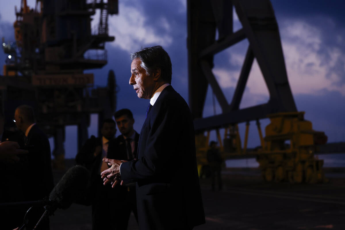 U.S. Secretary of State Antony Blinken speaks to the press at the port of Ashdod, in Ashdod, Is ...