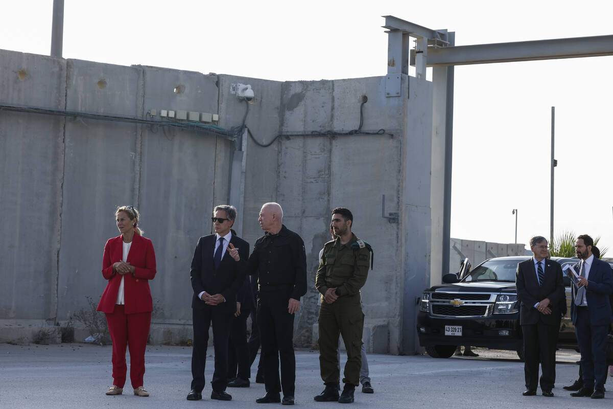 U.S. Secretary of State Antony Blinken, second left, Israeli Defense Minister Yoav Gallant, thi ...