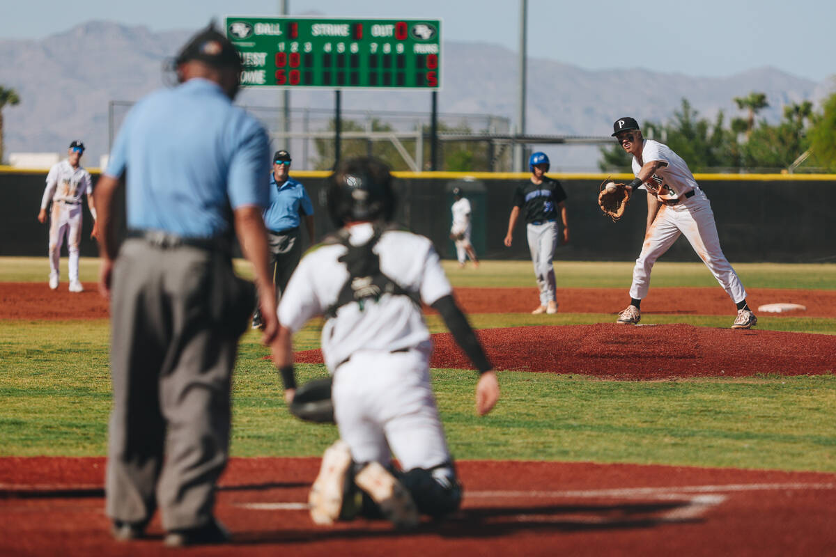 Palo Verde pitcher Branson Pullan (3) catches the ball from the catcher during a baseball game ...