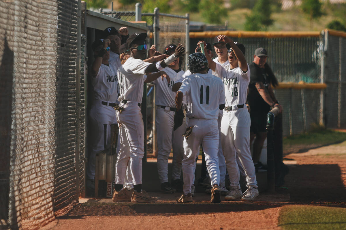 Palo Verde teammates celebrate during a baseball game between Sierra Vista and Palo Verde at Pa ...