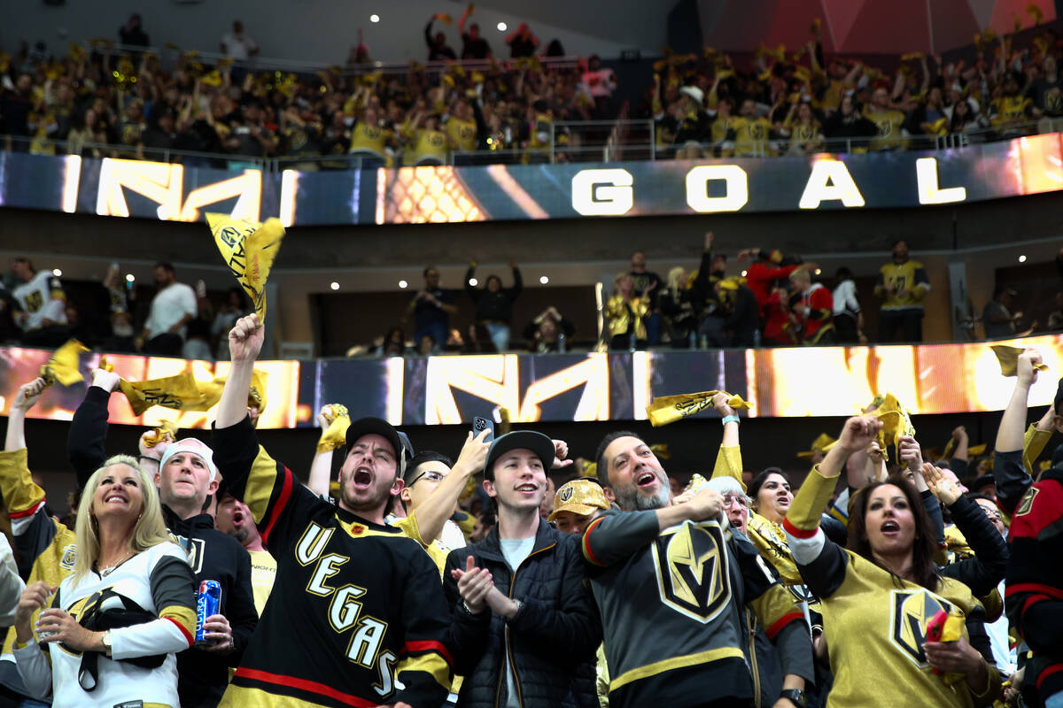 Golden Knights fans celebrate a goal during the third period in Game 6 of an NHL hockey Stanley ...