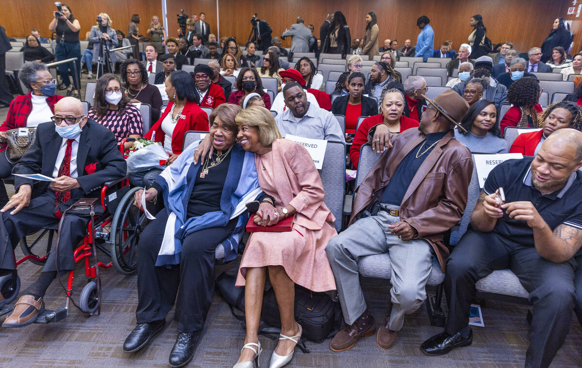 North Las Vegas Mayor Pamela Goynes-Brown hugs her mother Naomi Goynes joined by family and fri ...