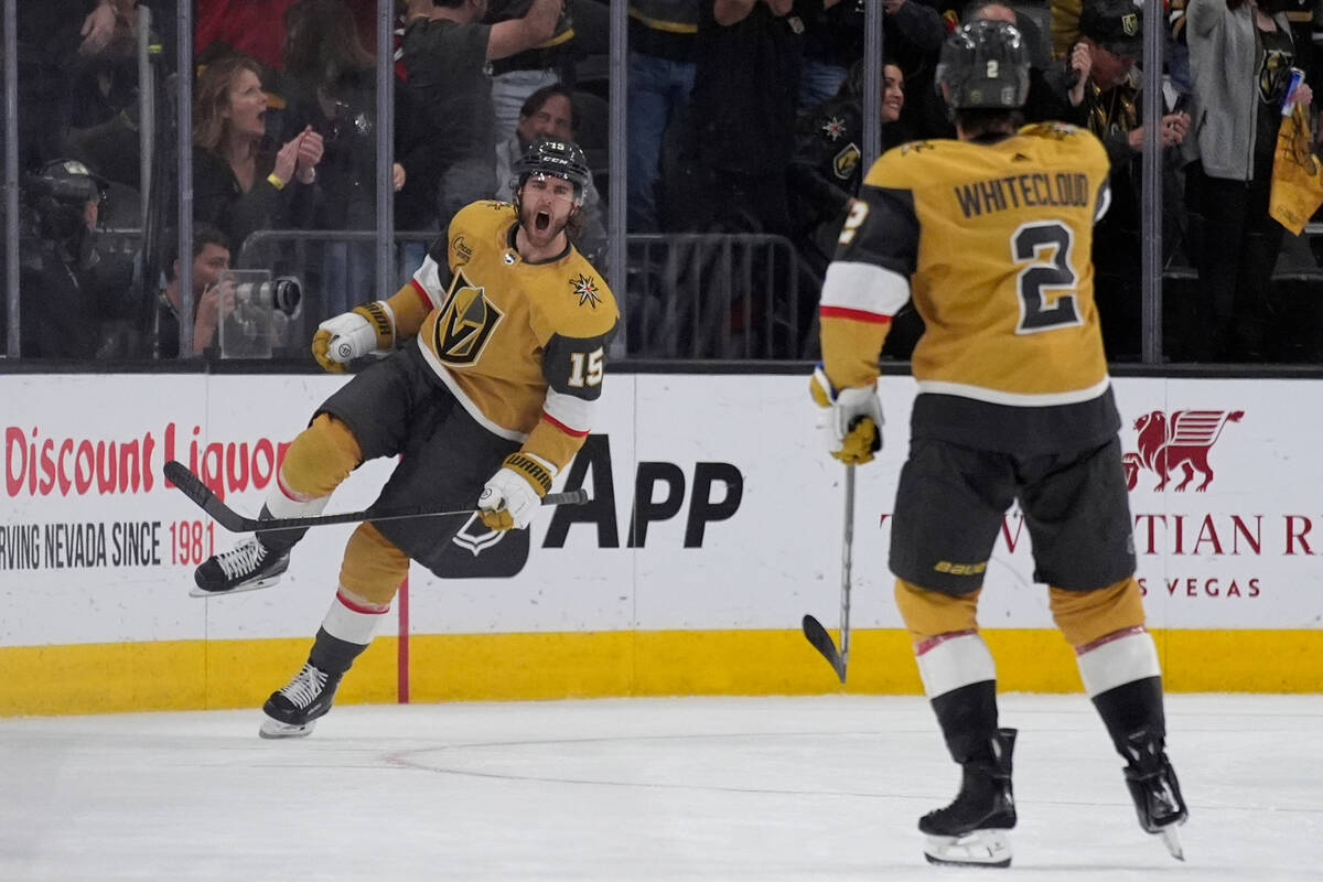 Vegas Golden Knights defenseman Noah Hanifin (15) celebrates after scoring against the Dallas S ...