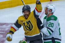 Golden Knights right wing Keegan Kolesar (55) celebrates a goal past Dallas Stars defenseman Ry ...