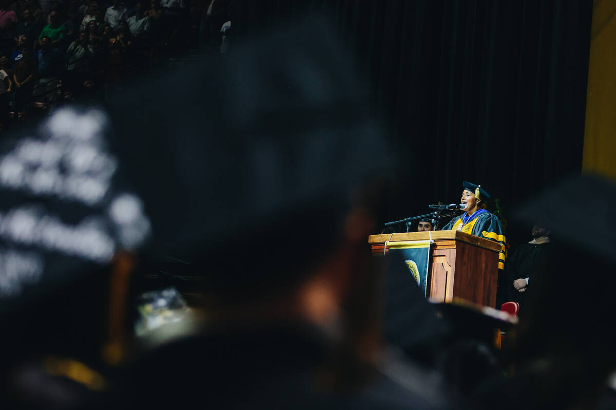 Nevada State president DeRionne Pollard speaks during the Nevada State University commencement ...