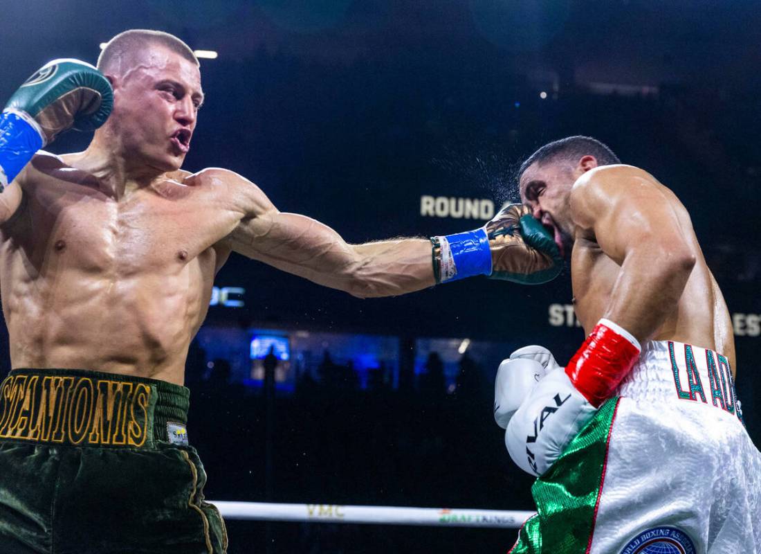 Wewlterweight Eimantas Stanionis connects with a shot to the face of Gabriel Maestre during the ...
