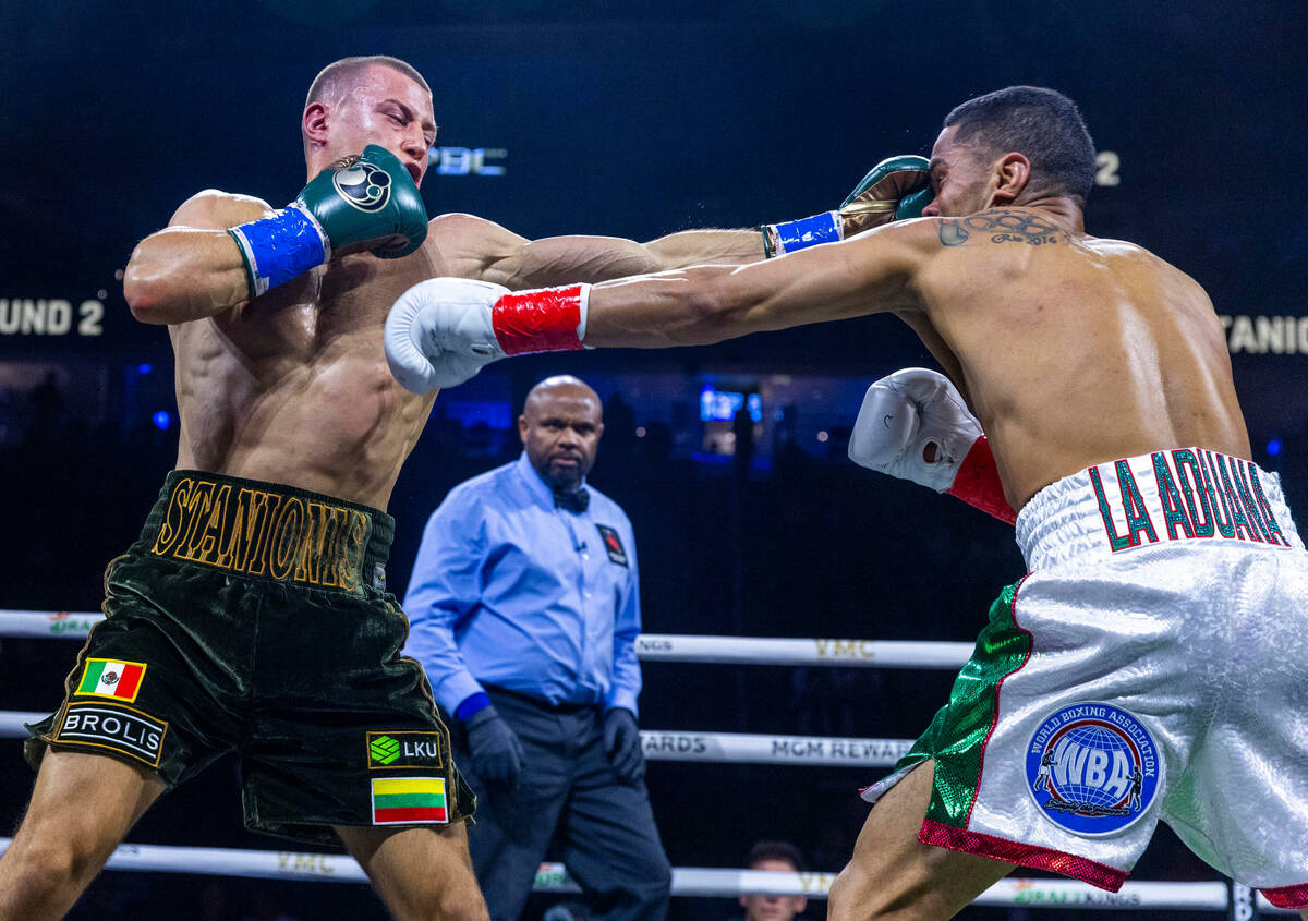 Wewlterweight Eimantas Stanionis connects with a shot to the face of Gabriel Maestre during the ...