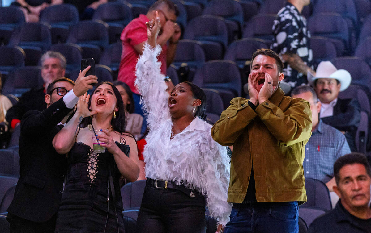 Fans cheer as Canelo Alvarez is shown on the big screens before his fight during their PPV boxi ...