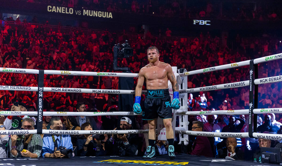 Canelo Alvarez waits to see if Jaime Munguia gets up after sending him to the canvas during the ...