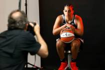 Las Vegas Aces guard Bria Hartley (14) poses for a photo during Aces media day, on Friday, May ...