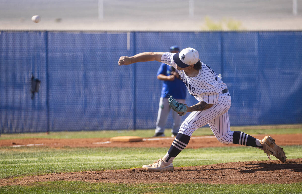 Shadow Ridge's Dylan Franco (34) pitches to Green Valley during a high school NIAA playoff base ...