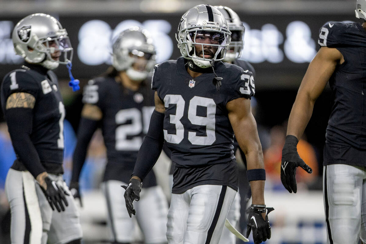 Raiders cornerback Nate Hobbs (39) on the field during the first half of an NFL game against th ...