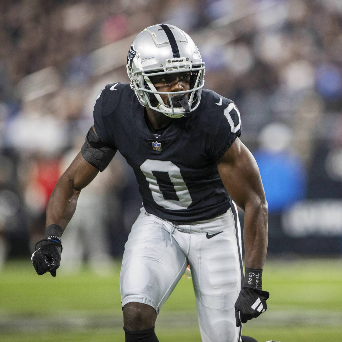 Raiders cornerback Jakorian Bennett (0) defends during the second half of an NFL game against t ...