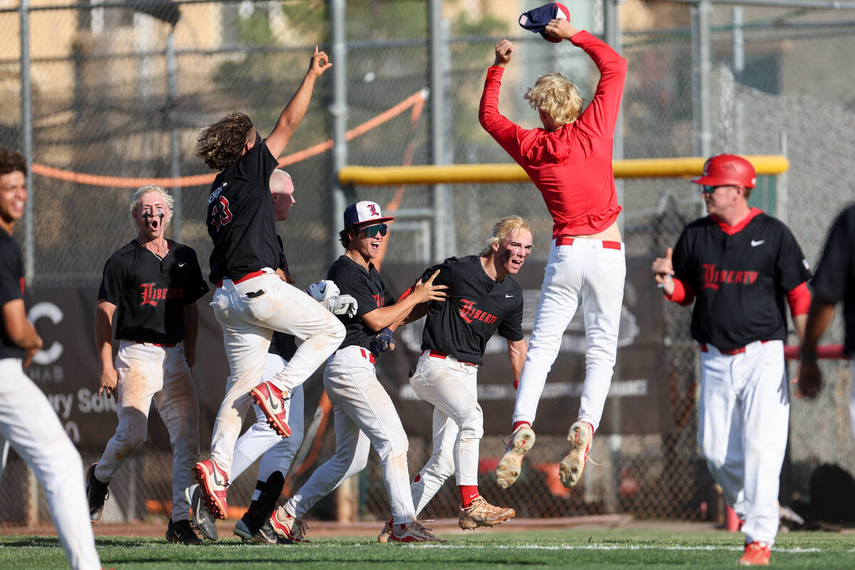 Liberty celebrates after winning to eliminate Las Vegas in a Class 5A high school baseball Sout ...