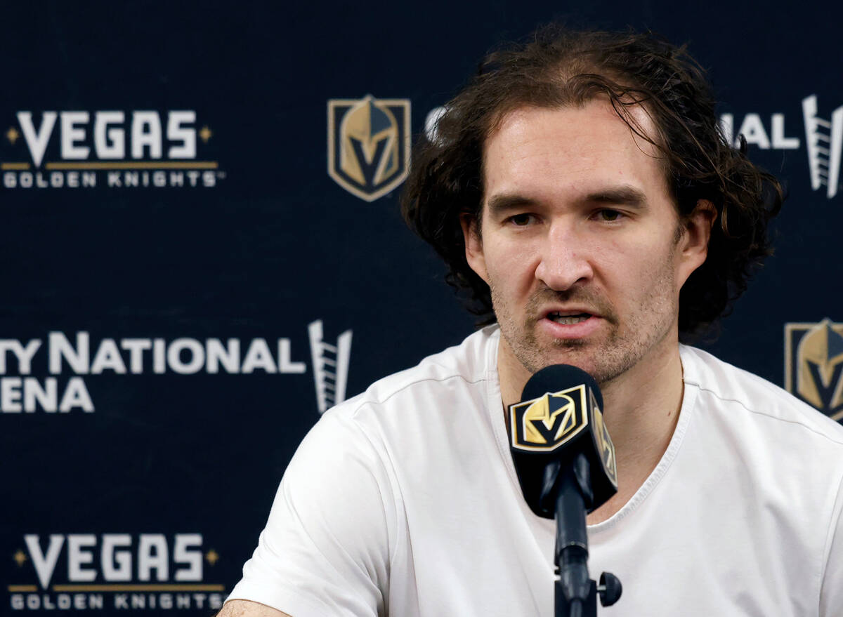 Golden Knights right wing Mark Stone speaks during team's exit interviews at City National Aren ...