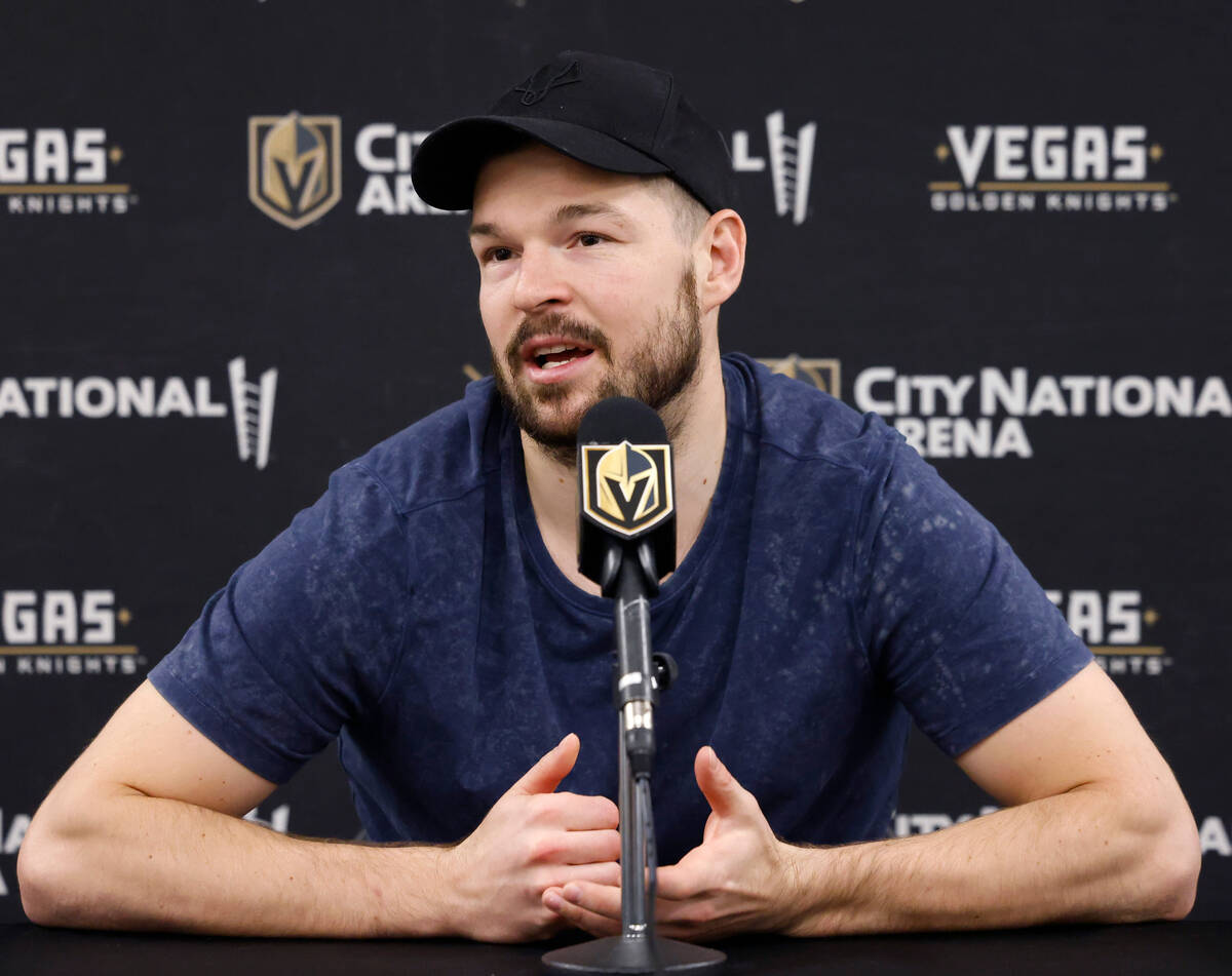 Golden Knights center Tomas Hertl speaks during team's exit interviews at City National Arena, ...