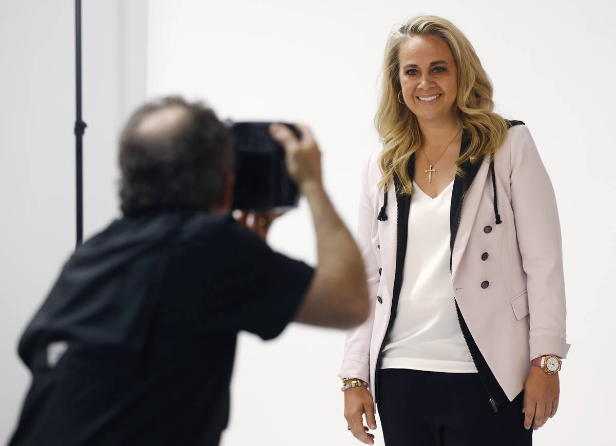 Las Vegas Aces head coach Becky Hammon poses for a photo during team's media day, on Friday, Ma ...