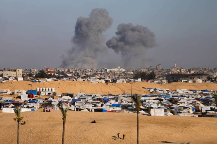 Smoke rises following an Israeli airstrike east of Rafah, Gaza Strip, Monday, May 6, 2024. (AP ...