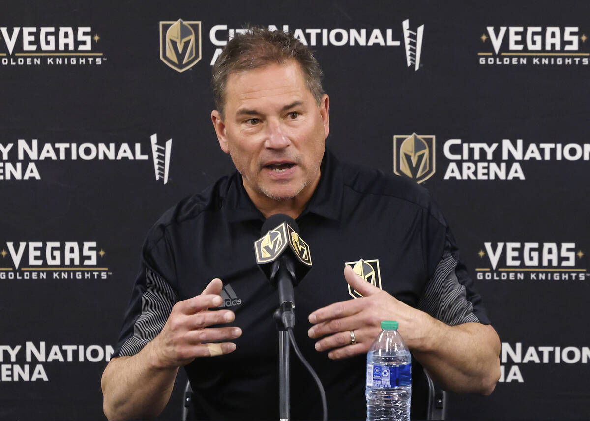 Golden Knights head coach Bruce Cassidy speaks during team's exit interviews at City National A ...