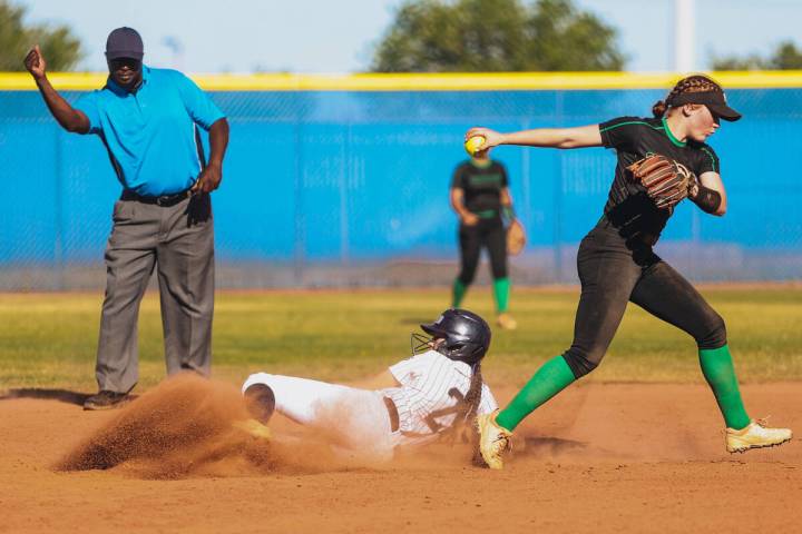 Shadow Ridge’s Carmella Garganese (2) is out at second base as Palo Verde shortstop Mya ...