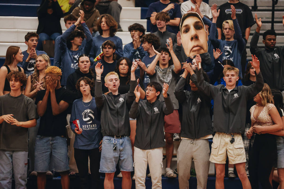 The Shadow Ridge student section cheers for their team during a Class 5A high school boys volle ...