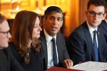 Britain's Prime Minister Rishi Sunak, center, and Education Secretary Gillian Keegan, center le ...