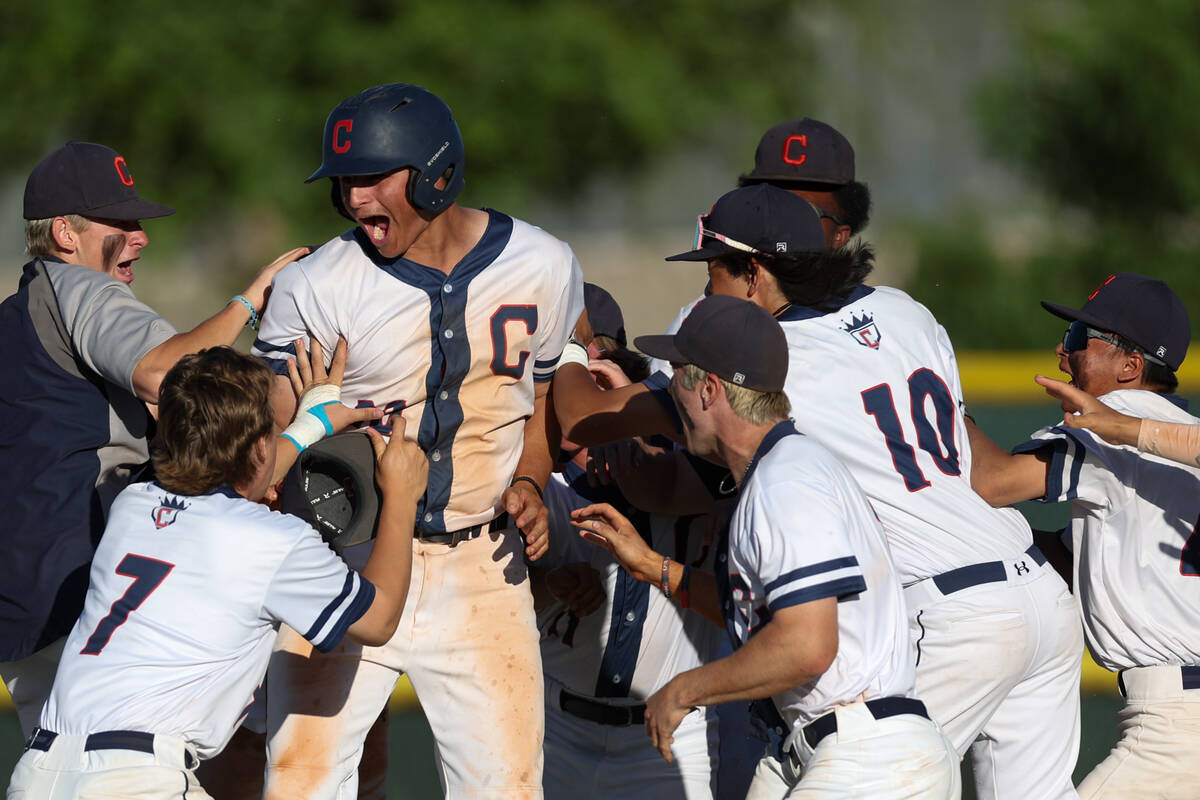 Coronado celebrates after winning a Class 5A high school baseball Southern Region playoff game ...