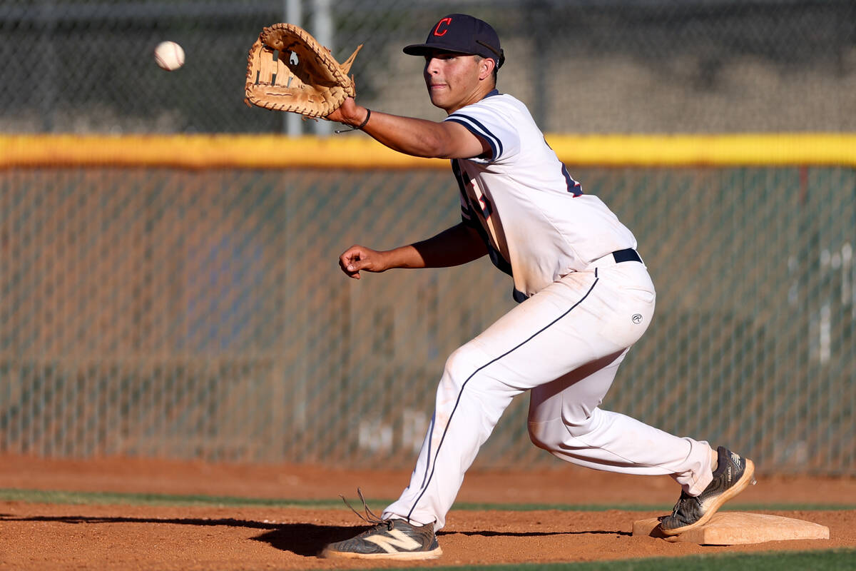 Coronado first baseman Jase Pashales (20) prepares to catch for an out on Green Valley during a ...