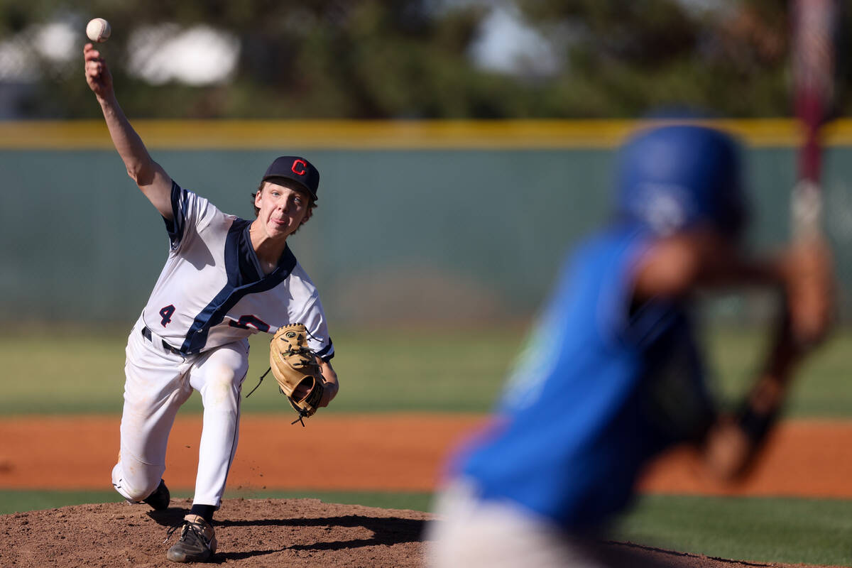 Coronado pitcher Jack Page throws to Green Valley during a Class 5A high school baseball Southe ...