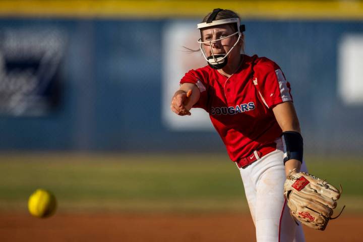 Coronado pitcher Kendall Selitzky sent a throw to the plate against a Shadow Ridge batter durin ...