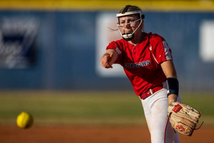 Coronado pitcher Kendall Selitzky sent a throw to the plate against a Shadow Ridge batter durin ...