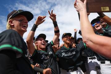 Palo Verde celebrates with their plaque after winning a Class 5A high school baseball Southern ...