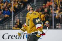 Golden Knights center Tomas Hertl (48) looks up during an NHL hockey game between the Golden Kn ...