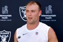 Raiders rookie tight end Brock Bowers addresses the media after rookies first day of practice a ...