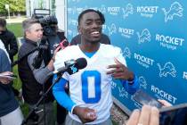 Detroit Lions cornerback Terrion Arnold is interviewed after an NFL rookie football practice, F ...