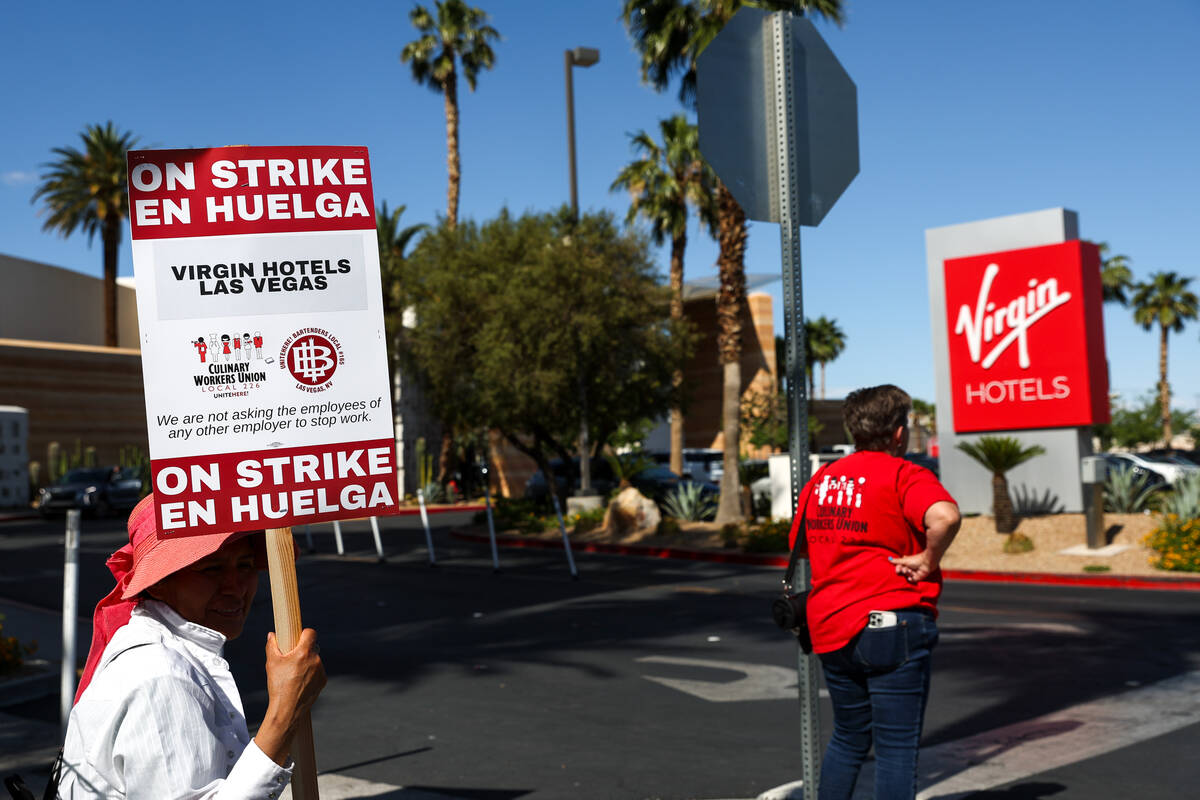 Hospitality workers demonstrate on the second day of their strike outside Virgin Hotels Las Veg ...