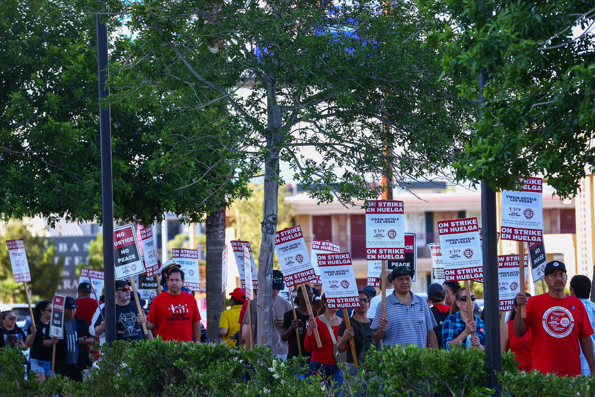 Hospitality workers demonstrate on the second day of their strike outside Virgin Hotels Las Veg ...
