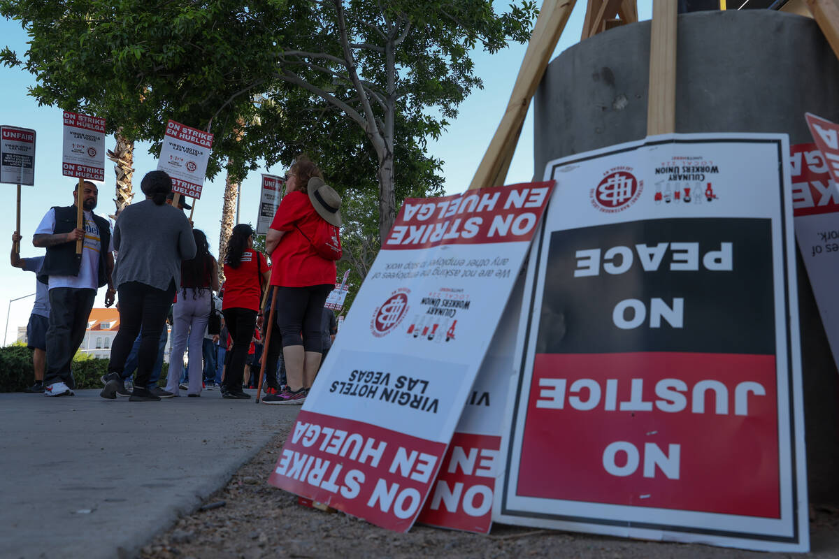 Hospitality workers demonstrate on the second day of their strike outside Virgin Hotels Las Veg ...
