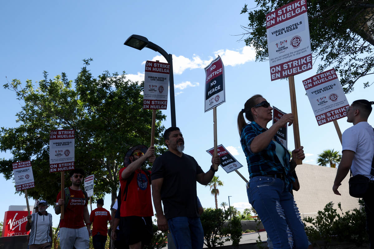 Hospitality workers demonstrate on the second day of their strike outside Virgin Hotels Las Veg ...