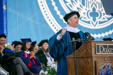 In this photo provided by Duke University, commencement speaker Jerry Seinfeld speaks during th ...