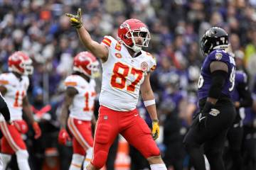 Kansas City Chiefs tight end Travis Kelce (87) gestures after converting a first down during th ...