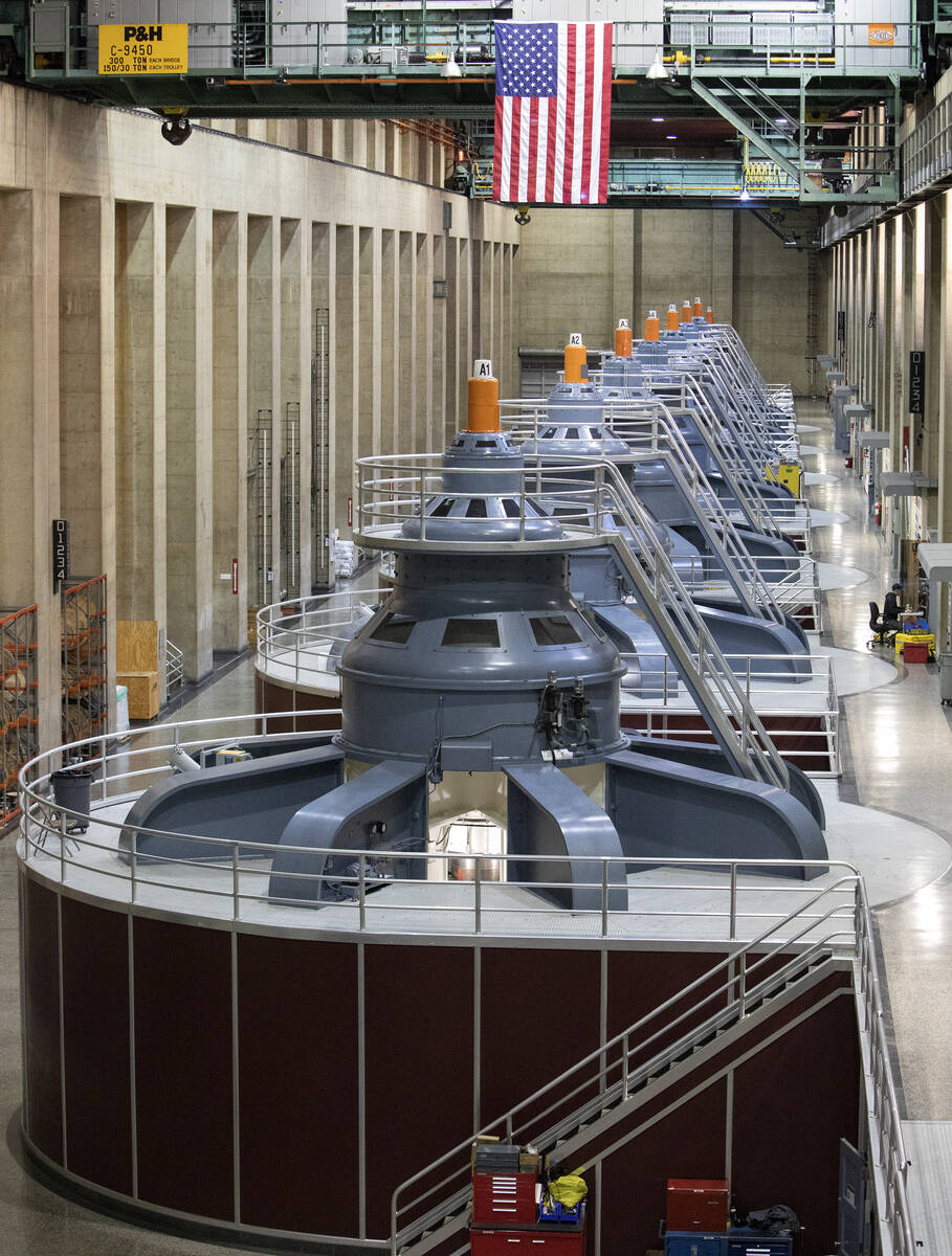 Generators on the Arizona side of Hoover dam are seen on Dec. 13, 2019. (Ellen Schmidt/Las Vega ...