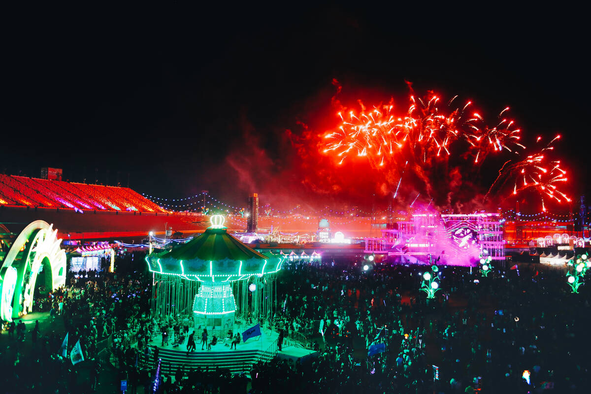 Fireworks go off during the first day of the Electric Daisy Carnival at Las Vegas Motor Speedwa ...