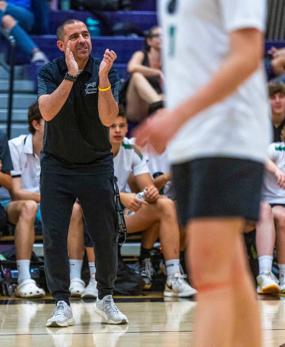 Palo Verde's head coach Phil Clarke encourages his players against Coronado during the Class 5A ...