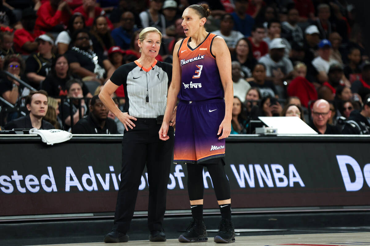 Phoenix Mercury guard Diana Taurasi (3) argues with a referee during the second half of a WNBA ...